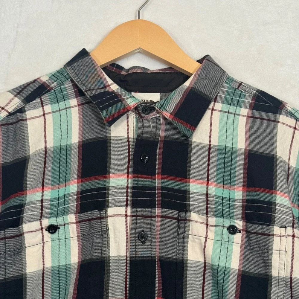 The North Face Black White Teal Plaid Flannel Button Down Shirt XL